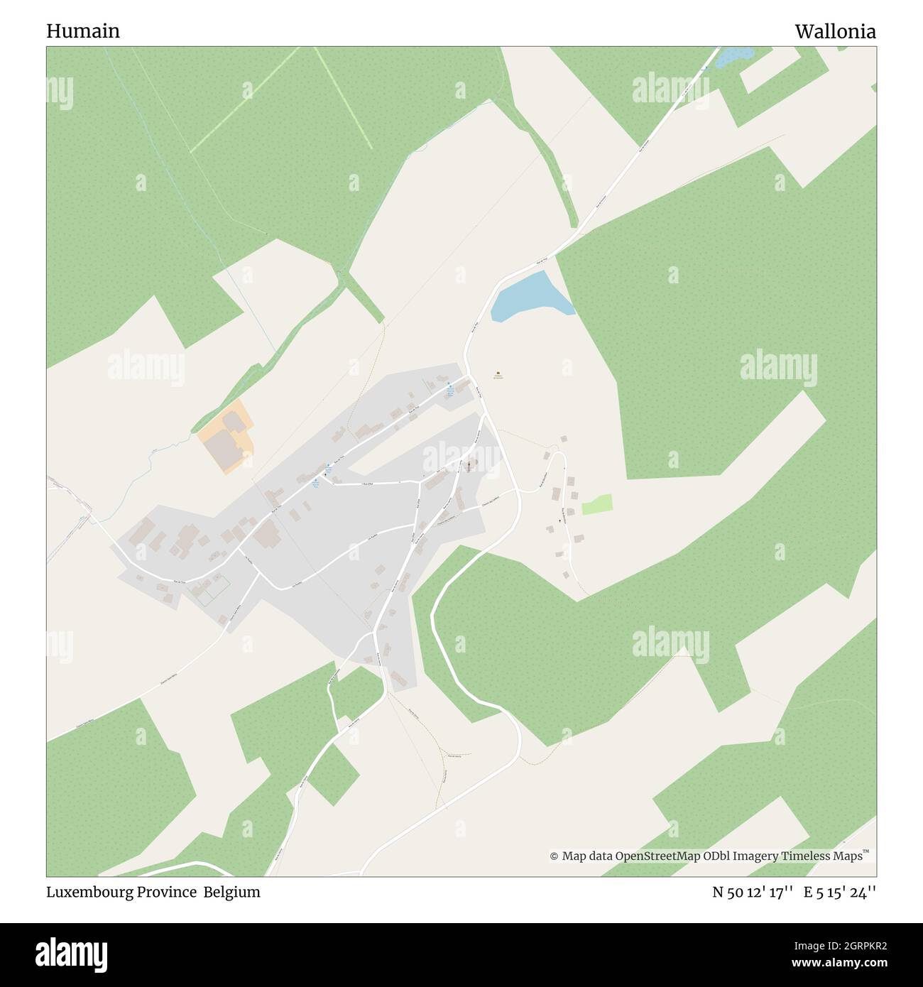 Humain, Luxembourg Province, Belgium, Wallonia, N 50 12' 17'', E 5 15' 24'', map, Timeless Map published in 2021. Travelers, explorers and adventurers like Florence Nightingale, David Livingstone, Ernest Shackleton, Lewis and Clark and Sherlock Holmes relied on maps to plan travels to the world's most remote corners, Timeless Maps is mapping most locations on the globe, showing the achievement of great dreams Stock Photo