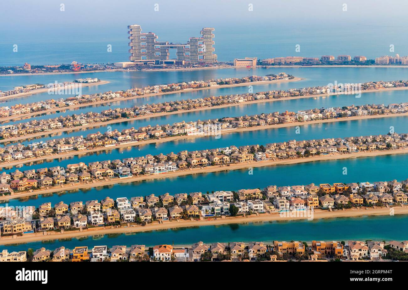 Dubai, UAE - 09.24.2021 Man made island, Palm Jumeirah and Royal Atlantis hotel. Stock Photo