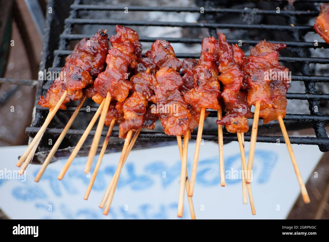 Close-up Of Meat On Barbecue Grill Stock Photo