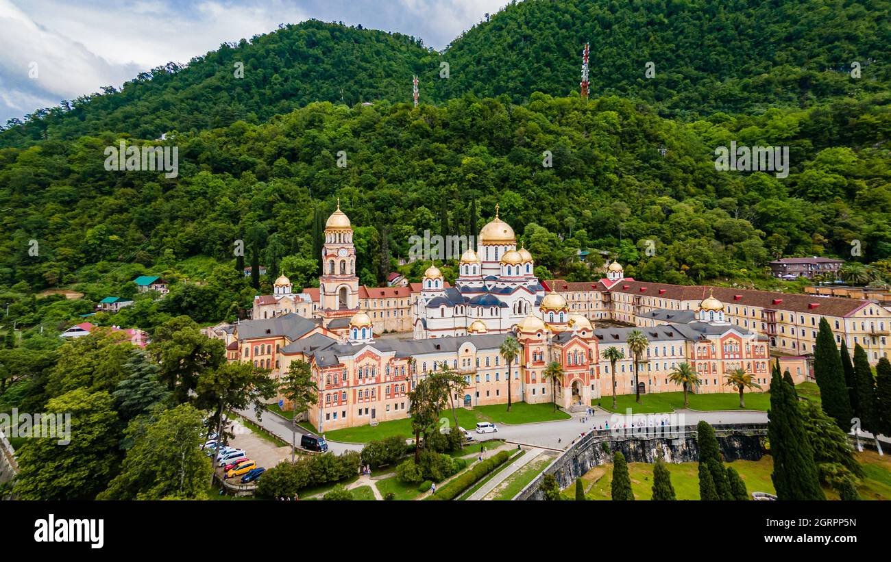 Top view of Orthodox monastery in Novy Afon, Abkhazia.  Christian temple in New Athos. Photo from above. Stock Photo