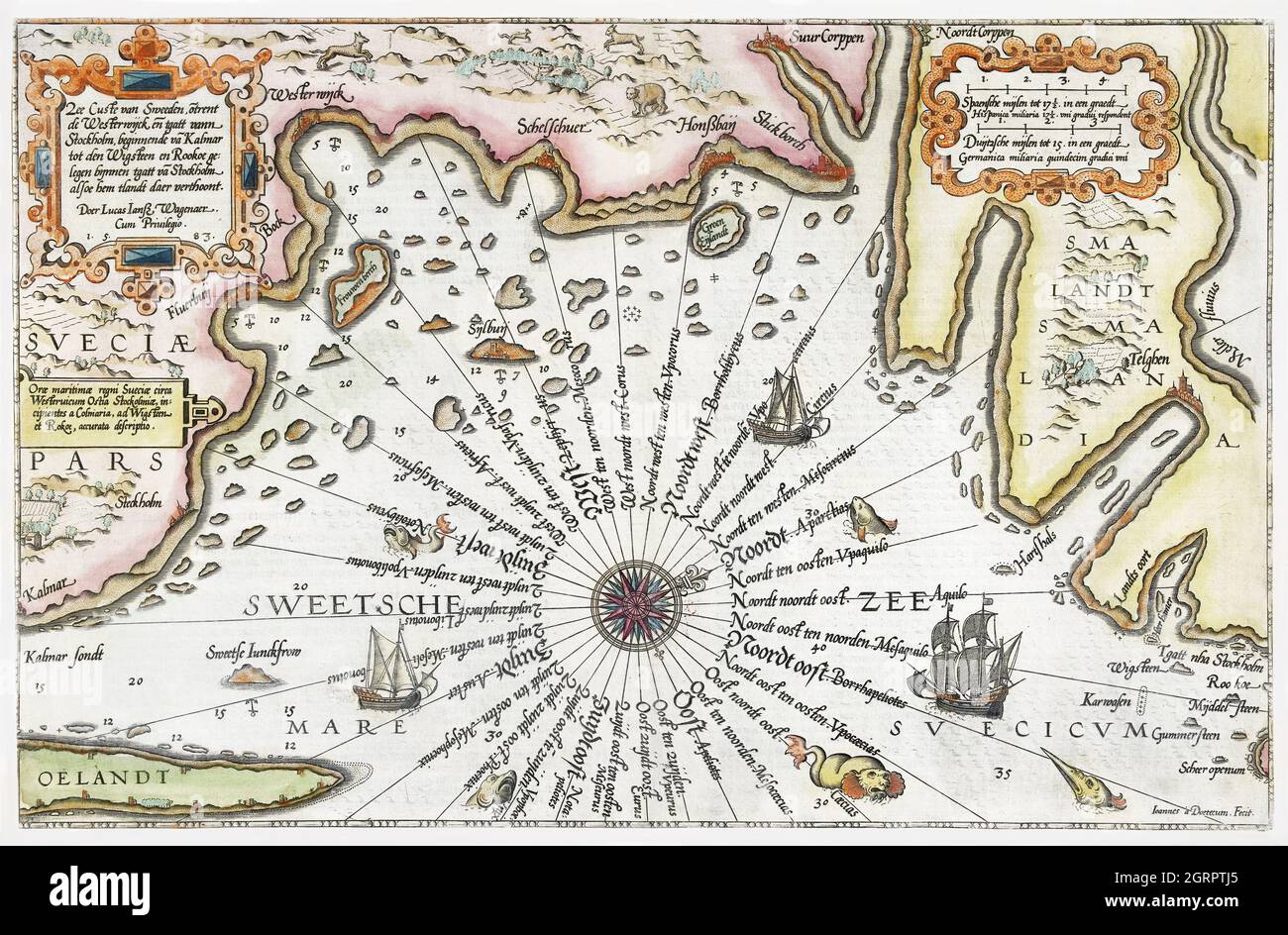 Kaart van de kust van Zweden tussen Kalmar en Stockholm (ca. 1580-1583). Dutch map of the Swedish coast incl. Kalmar and Stockholm. Stock Photo