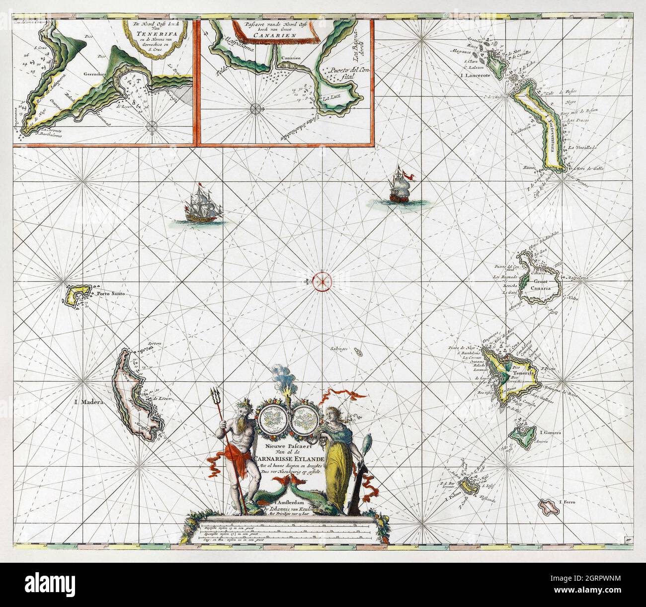 Paskaart van de Canarische Eilanden (ca. 1680) by Jan Luyken. Map of Canary Islands. Stock Photo