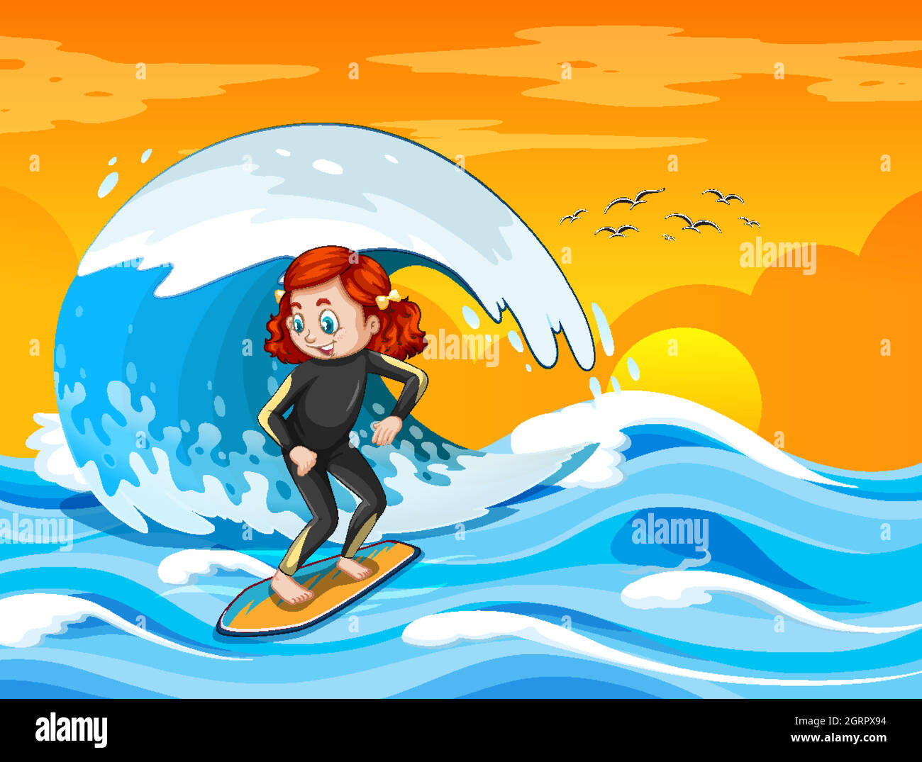 Big wave in the ocean scene with girl standing on a surf board Stock Vector