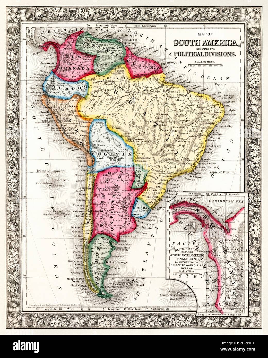 Map of South America, showing its political divisions; Map showing the proposed Atrato-inter-oceanic canalroutes, for connecting the Atlantic and... Stock Photo