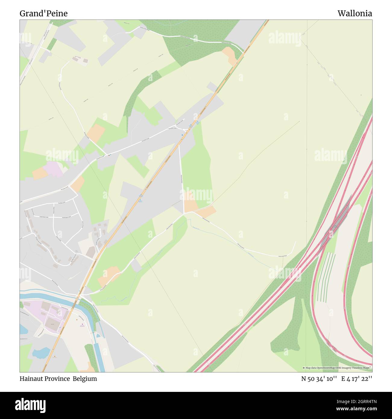 Grand'Peine, Hainaut Province, Belgium, Wallonia, N 50 34' 10'', E 4 17' 22'', map, Timeless Map published in 2021. Travelers, explorers and adventurers like Florence Nightingale, David Livingstone, Ernest Shackleton, Lewis and Clark and Sherlock Holmes relied on maps to plan travels to the world's most remote corners, Timeless Maps is mapping most locations on the globe, showing the achievement of great dreams Stock Photo