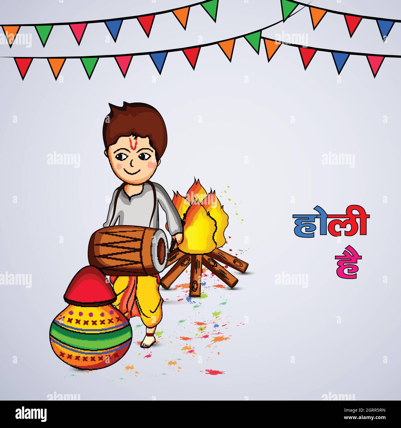 Cute little boys playing with colors on occasion of indian festival,  creative hindi text of Holi Hai (its Holi) on powder colorful abstract  background. Stock Vector | Adobe Stock