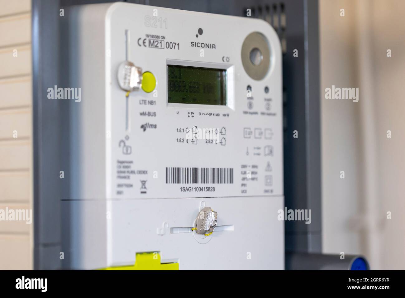 Brecht, Belgium - October 1: Close up of a new installed Belgian digital electricity kilowatt hour meter. The measurement device is used by the provid Stock Photo