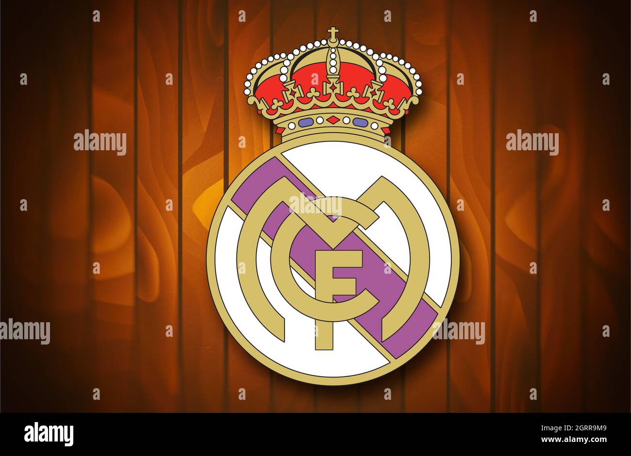 Coat of arms FC Real Madrid, football club from Spain, wooden background  Stock Photo - Alamy