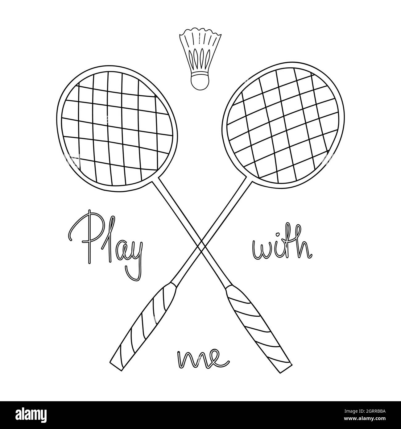 Line art style badminton rackets and shuttlecock. Phrase Play with me. Vector illustration. Stock Vector