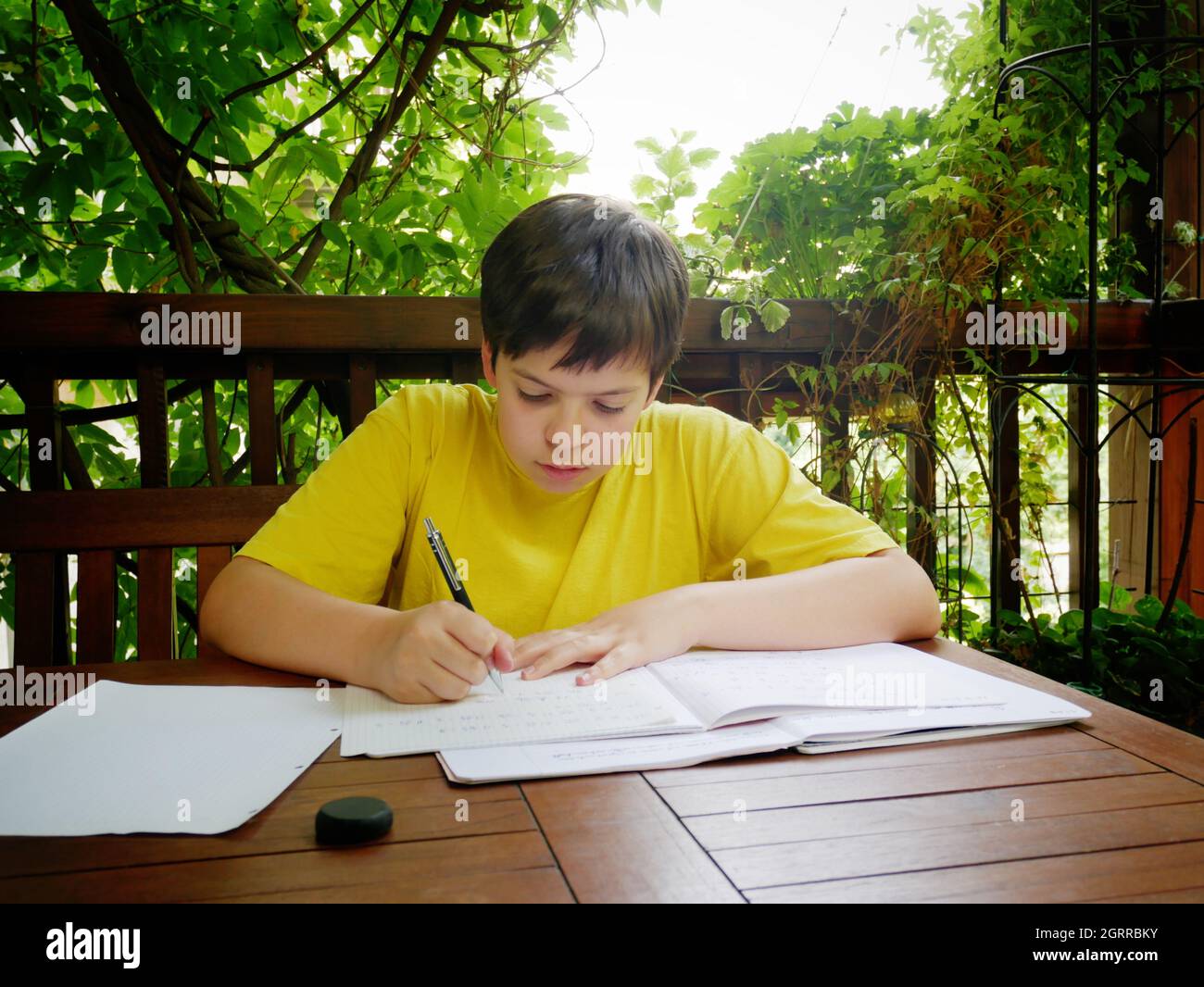 Boy Studying At Table In Porch Stock Photo