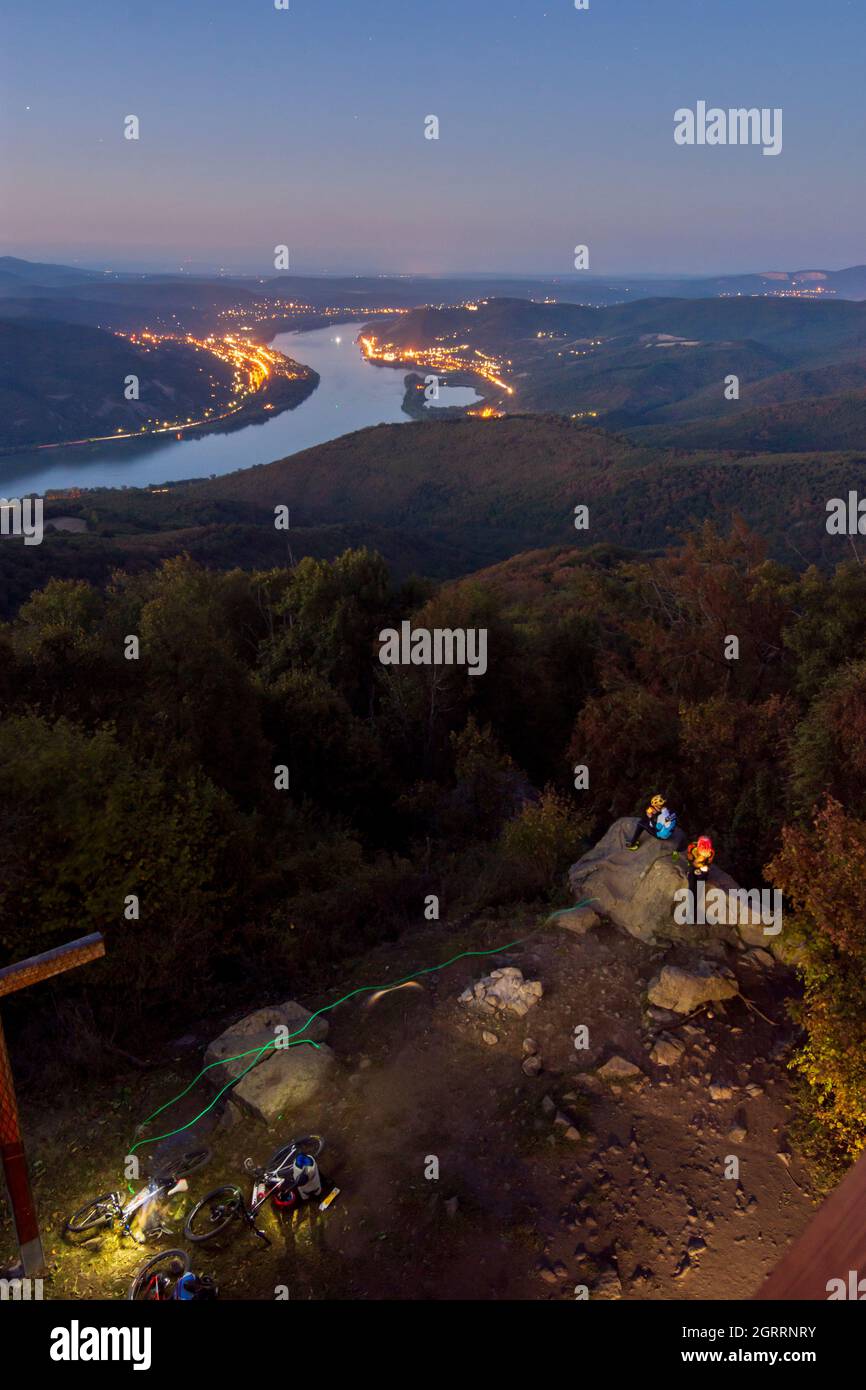 Visegrad Mountains: bend of Danube River, view to Visegrad, view from summit Predikaloszek (Predigerstuhl, Preaching chair), hiker in Danube-Ipoly Nat Stock Photo