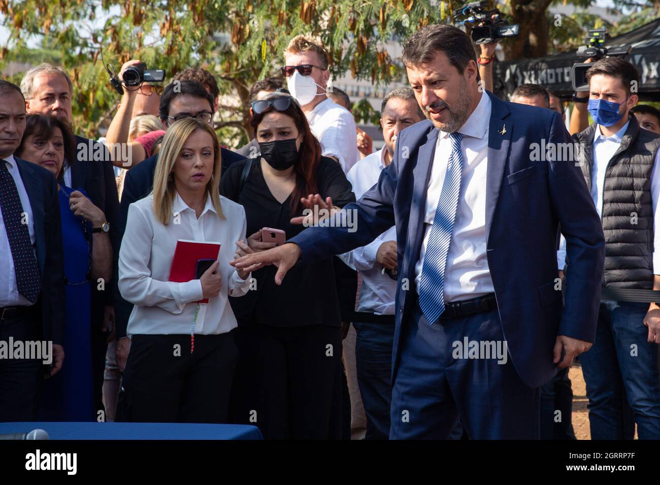 Rome, Italy. 01st Oct, 2021. Matteo Salvini and Giorgia Meloni before beginning of press conference in Spinaceto district of Rome to close center-right electoral campaign (Photo by Matteo Nardone/Pacific Press) Credit: Pacific Press Media Production Corp./Alamy Live News Stock Photo