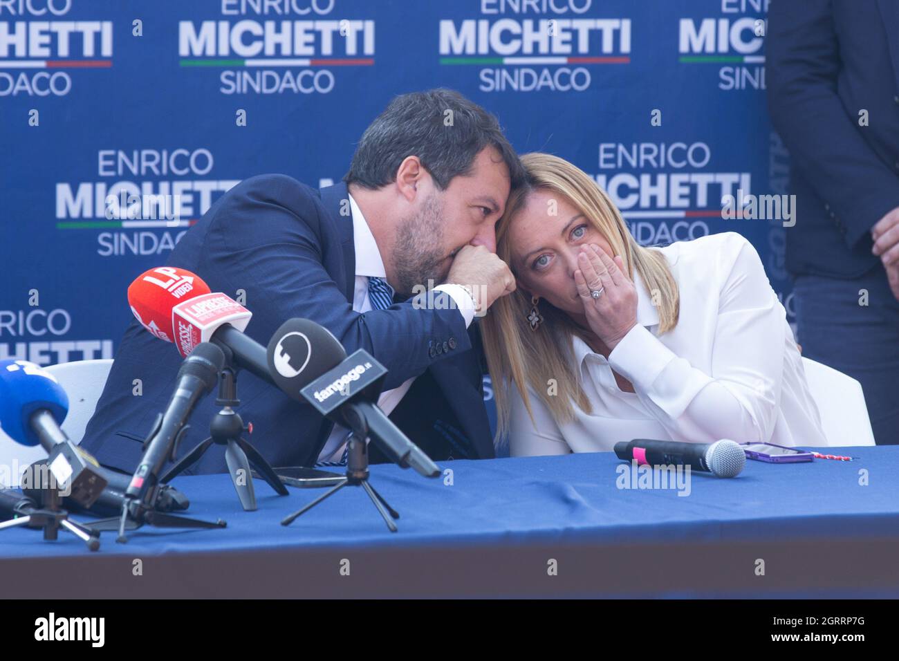 Rome, Italy. 01st Oct, 2021. Matteo Salvini and Giorgia Meloni during press conference in Spinaceto district of Rome to close center-right electoral campaign (Photo by Matteo Nardone/Pacific Press) Credit: Pacific Press Media Production Corp./Alamy Live News Stock Photo
