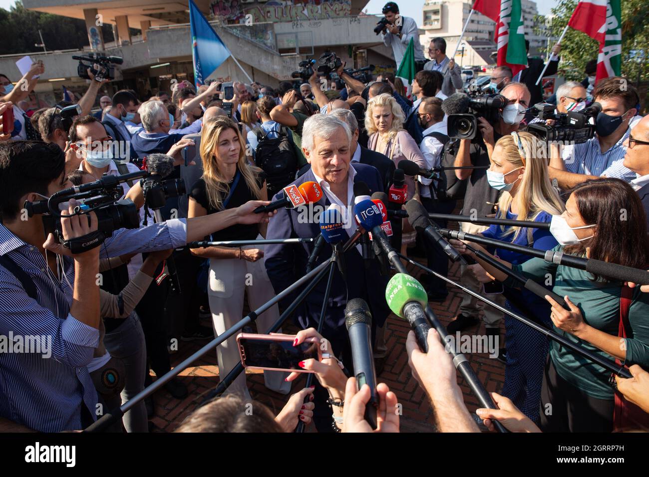 Rome, Italy. 01st Oct, 2021. Antonio Tajani before beginning of press conference in Spinaceto district of Rome to close center-right electoral campaign (Photo by Matteo Nardone/Pacific Press) Credit: Pacific Press Media Production Corp./Alamy Live News Stock Photo