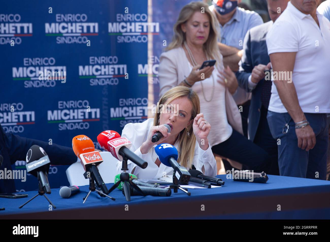 Rome, Italy. 01st Oct, 2021. Giorgia Meloni during press conference in Spinaceto district of Rome to close center-right electoral campaign (Photo by Matteo Nardone/Pacific Press) Credit: Pacific Press Media Production Corp./Alamy Live News Stock Photo