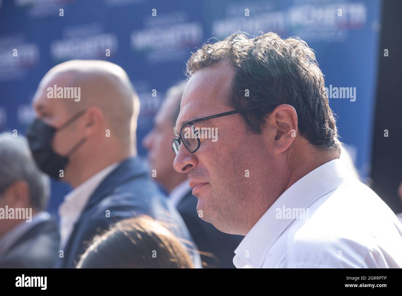 Rome, Italy. 01st Oct, 2021. Claudio Durigon during press conference in the Spinaceto district of Rome to close the center-right electoral campaign (Photo by Matteo Nardone/Pacific Press) Credit: Pacific Press Media Production Corp./Alamy Live News Stock Photo