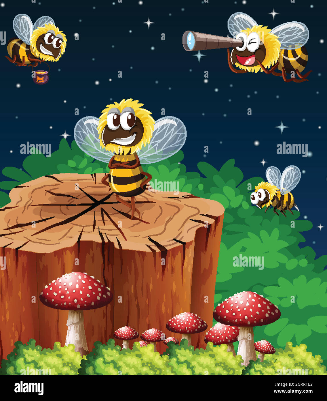 Many bees living in the garden scene at night Stock Vector