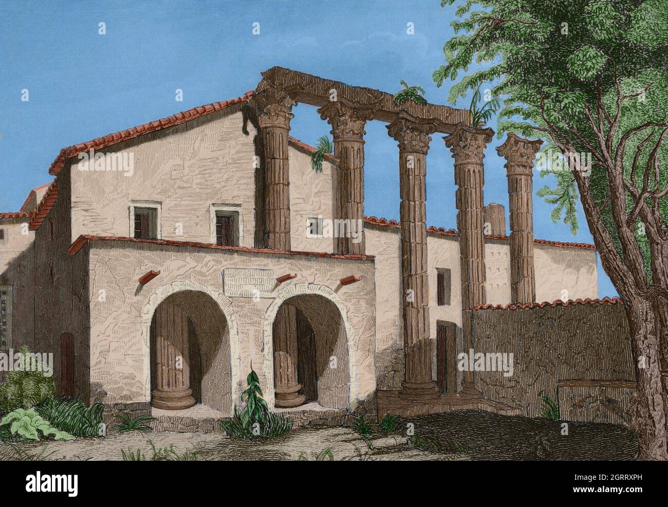 Spain, Extremadura. Ruins of the Temple of Diana in Mérida. Engraving. Las Glorias Nacionales. Later colouration. Volume I, Madrid-Barcelona edition, 1852. Stock Photo