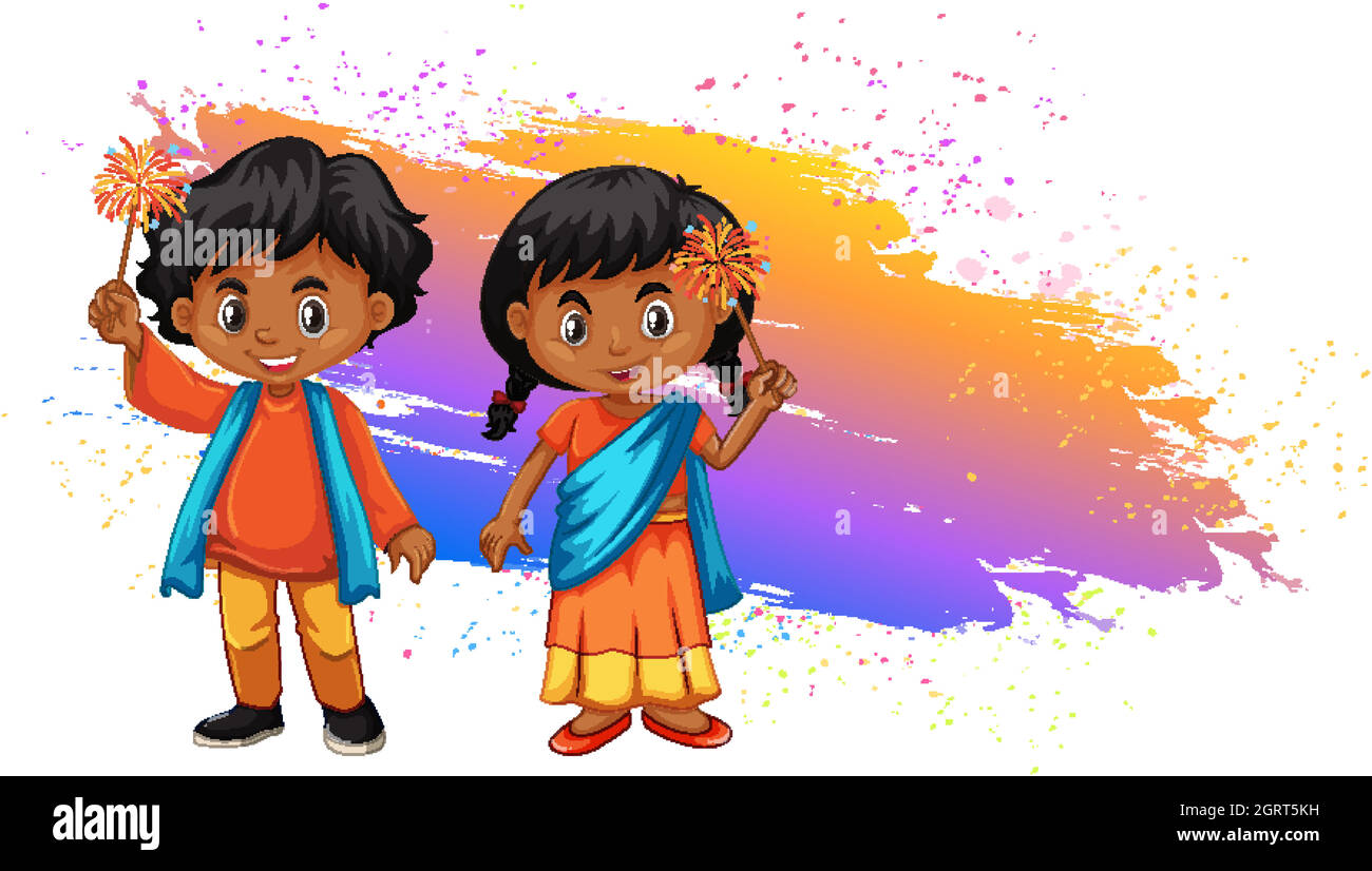 Indian boy and girl playing fireworks on colorful background Stock Vector