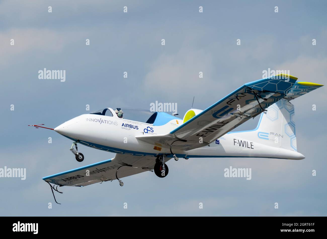Airbus E-Fan is a prototype two-seat electric aircraft being developed by Airbus Group. Flying at the Farnborough Airshow 2014 Stock Photo