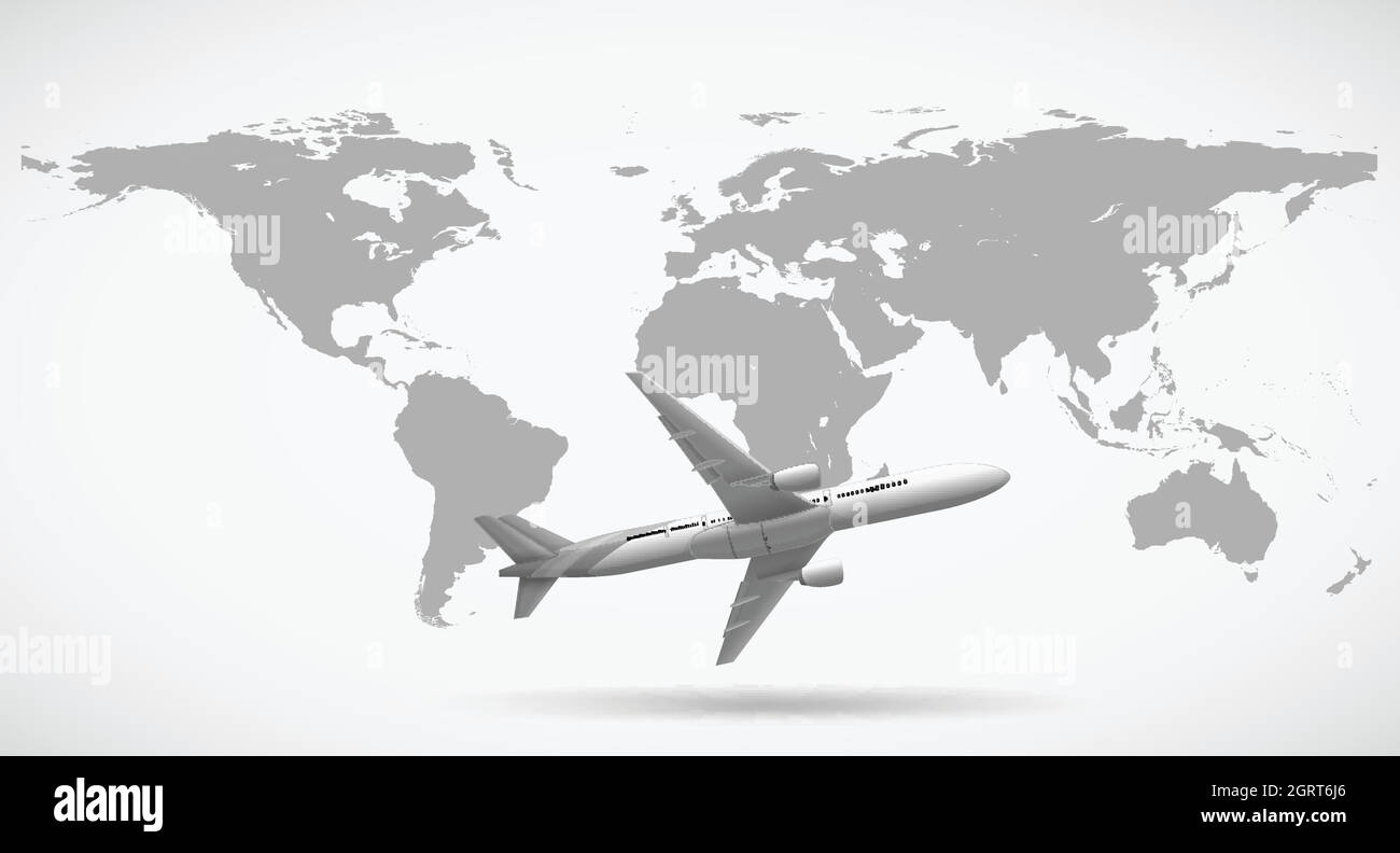 Grayscale of world map and airplane Stock Vector