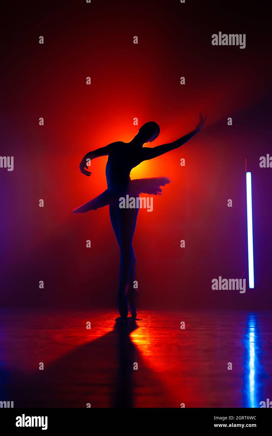 Silhouette of theater dancer in tutu on orange spotlight background. Woman ballerina dancing classical dance elements. Lightness, femininity and Stock Photo