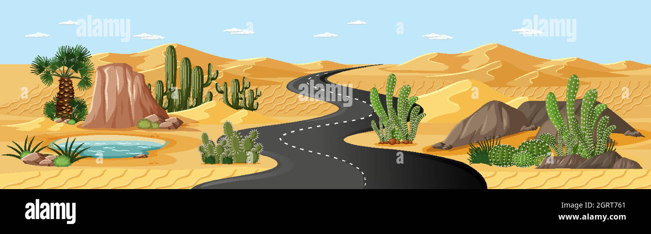 Desert oasis with road and palms and cactus nature landscape scene ...
