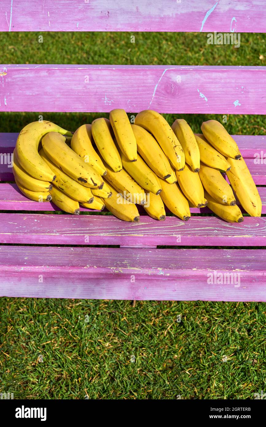 High Angle View Of Bananas On Purple Bench At Park Stock Photo