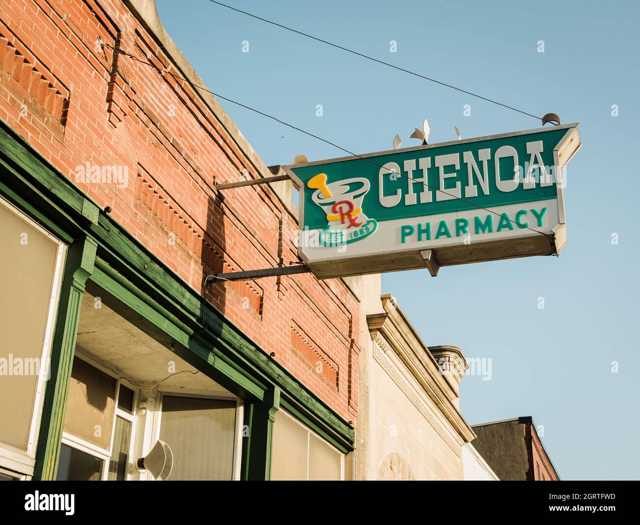 Chenoa Pharmacy sign, in Chenoa, a small town on Route 66 in Illinois