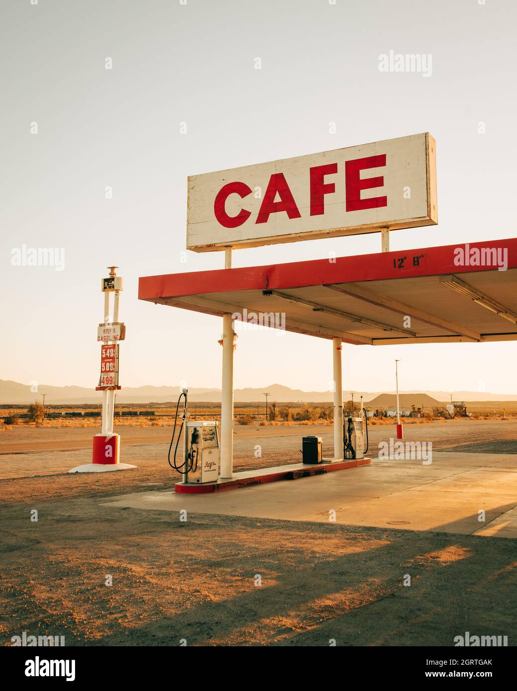 Gas station with cafe sign, on Route 66 in the Mojave Desert of
