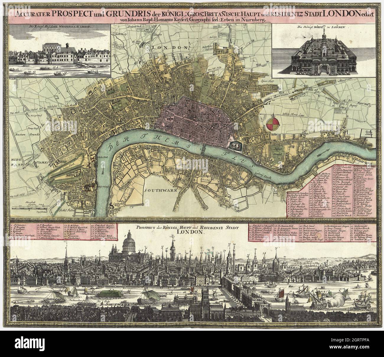 Accurater Prospect und Grundris der Königl. Gros-Britan̄isch. Haupt- und Residentz-Stadt London – German map of London. Nürnberg, 1740. Stock Photo