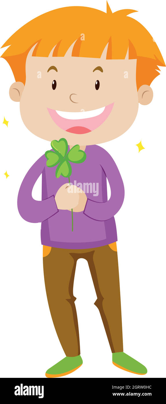 Boy holding lucky plant in his hand Stock Vector