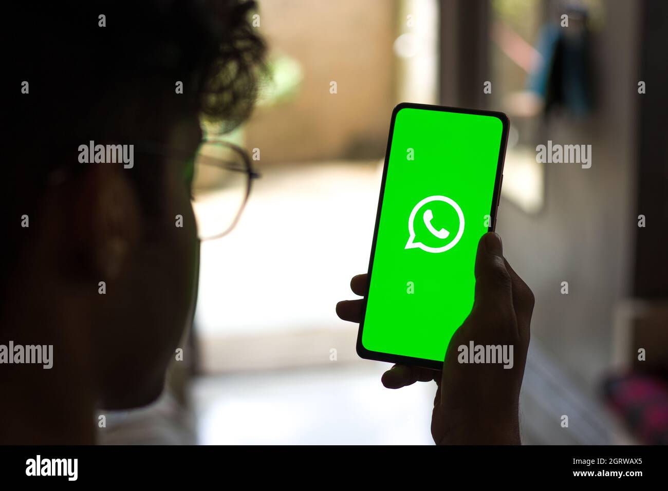 West Bangal, India - September 28, 2021 : WhatsApp logo on phone screen stock image. Stock Photo