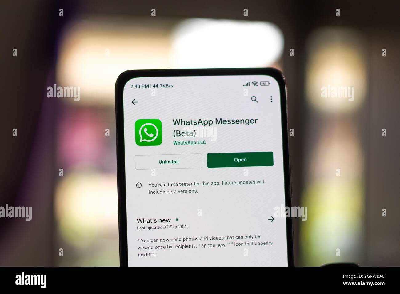 West Bangal, India - September 28, 2021 : WhatsApp logo on phone screen stock image. Stock Photo