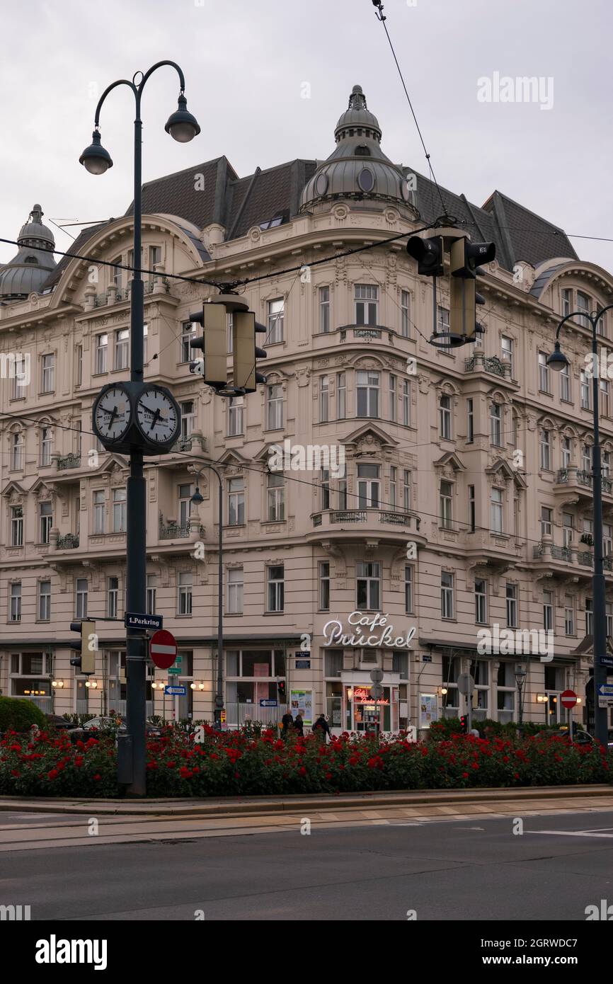 28 May 2019 Vienna, Austria - Cafe Prückel, a classic Viennese coffee house travelling you back to the early 1900s.Original mid-20th-century decor and Stock Photo