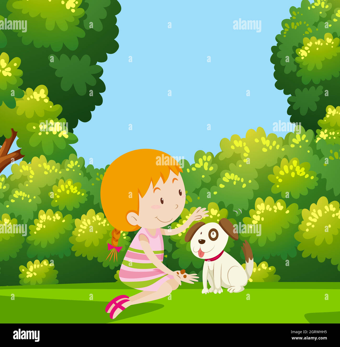 Girl Playing with Dog in Garden Stock Vector