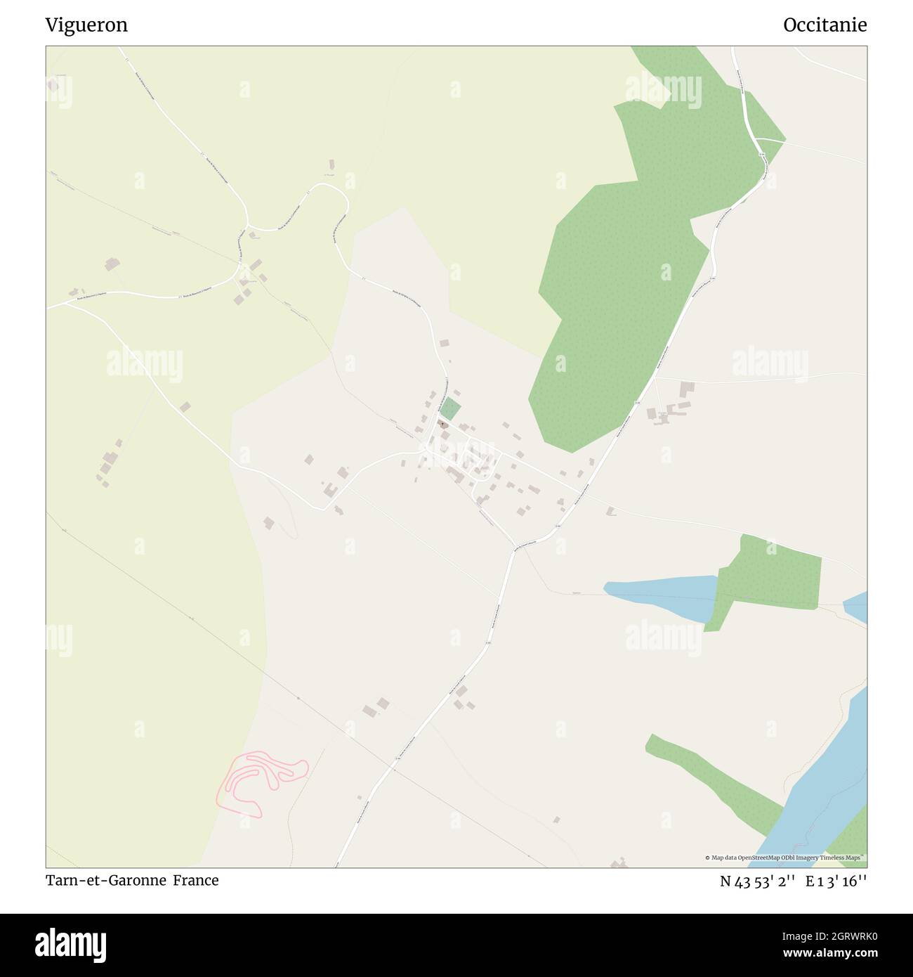 Vigueron, Tarn-et-Garonne, France, Occitanie, N 43 53' 2'', E 1 3' 16'', map, Timeless Map published in 2021. Travelers, explorers and adventurers like Florence Nightingale, David Livingstone, Ernest Shackleton, Lewis and Clark and Sherlock Holmes relied on maps to plan travels to the world's most remote corners, Timeless Maps is mapping most locations on the globe, showing the achievement of great dreams Stock Photo