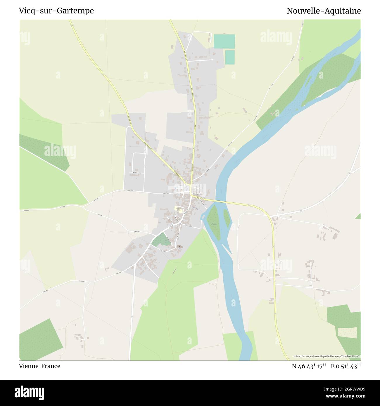 Vicq-sur-Gartempe, Vienne, France, Nouvelle-Aquitaine, N 46 43' 17'', E 0 51' 43'', map, Timeless Map published in 2021. Travelers, explorers and adventurers like Florence Nightingale, David Livingstone, Ernest Shackleton, Lewis and Clark and Sherlock Holmes relied on maps to plan travels to the world's most remote corners, Timeless Maps is mapping most locations on the globe, showing the achievement of great dreams Stock Photo