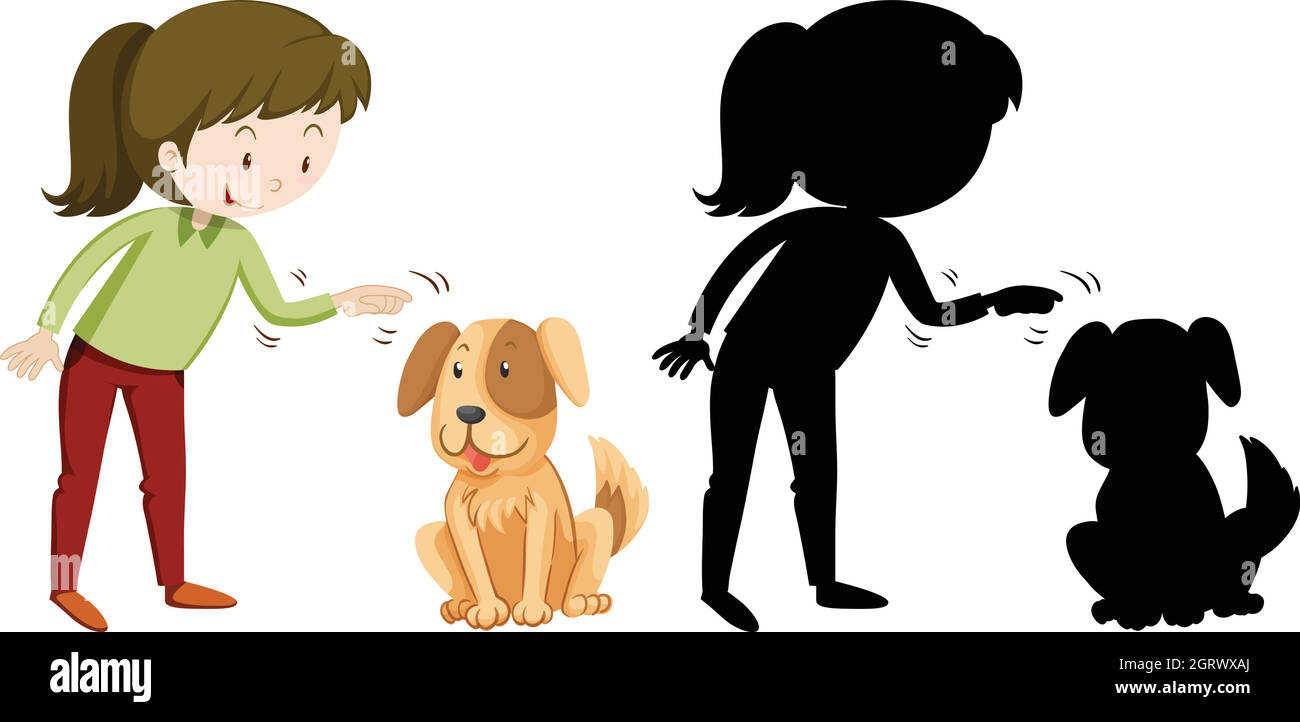 Girl and pet dog in silhouette and colored Stock Vector