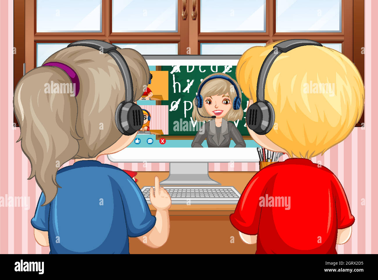 Back view of a couple kid looking at computer for online learning at home Stock Vector
