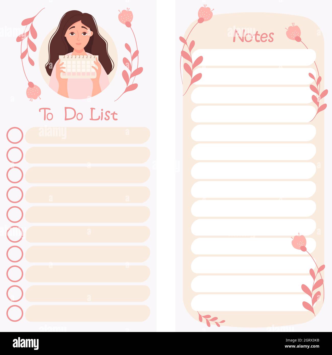Set of To Do List and Notes. Planner organizer with cute girl with ...
