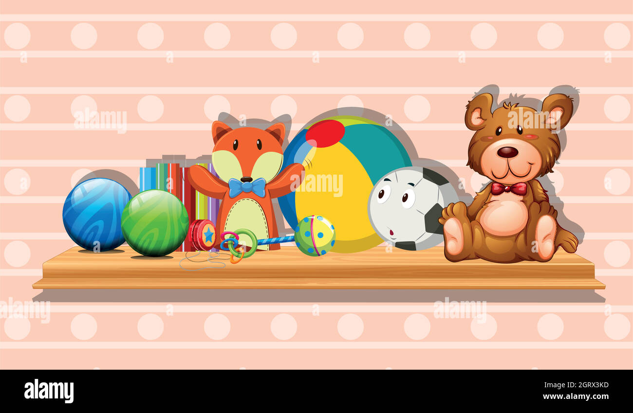 Many cute toys on wooden board Stock Vector