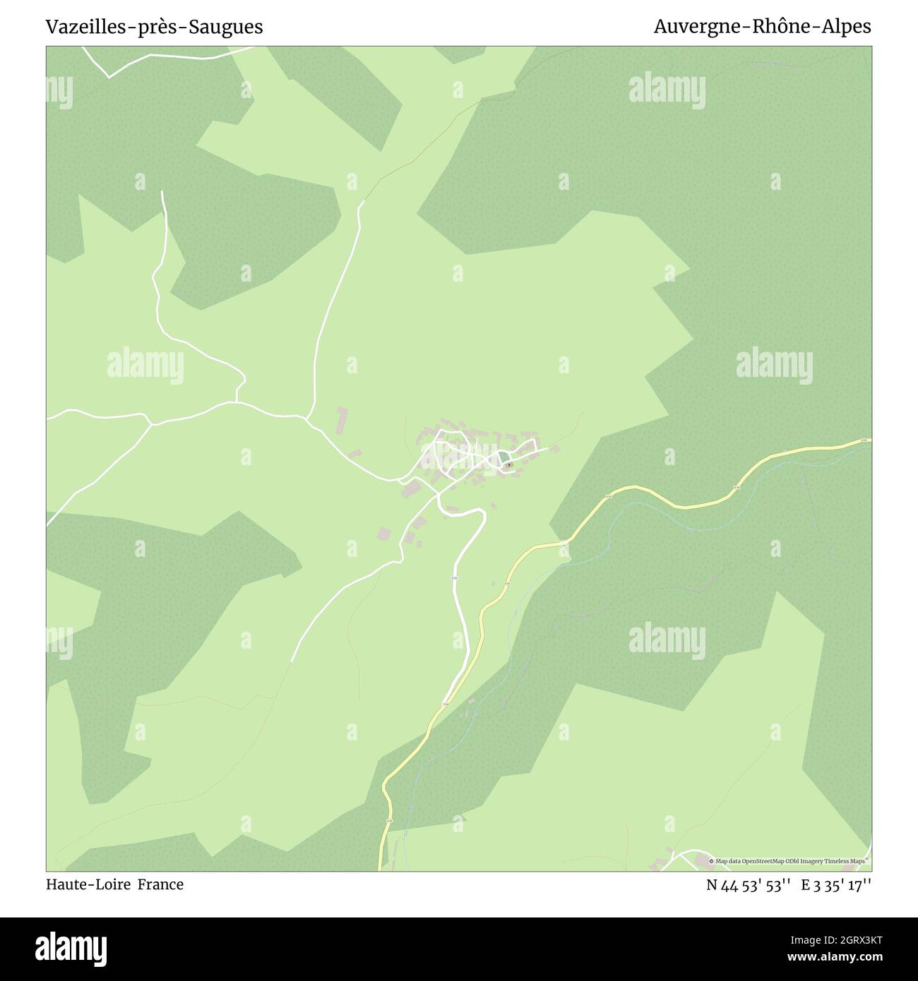 Vazeilles-près-Saugues, Haute-Loire, France, Auvergne-Rhône-Alpes, N 44 53' 53'', E 3 35' 17'', map, Timeless Map published in 2021. Travelers, explorers and adventurers like Florence Nightingale, David Livingstone, Ernest Shackleton, Lewis and Clark and Sherlock Holmes relied on maps to plan travels to the world's most remote corners, Timeless Maps is mapping most locations on the globe, showing the achievement of great dreams Stock Photo