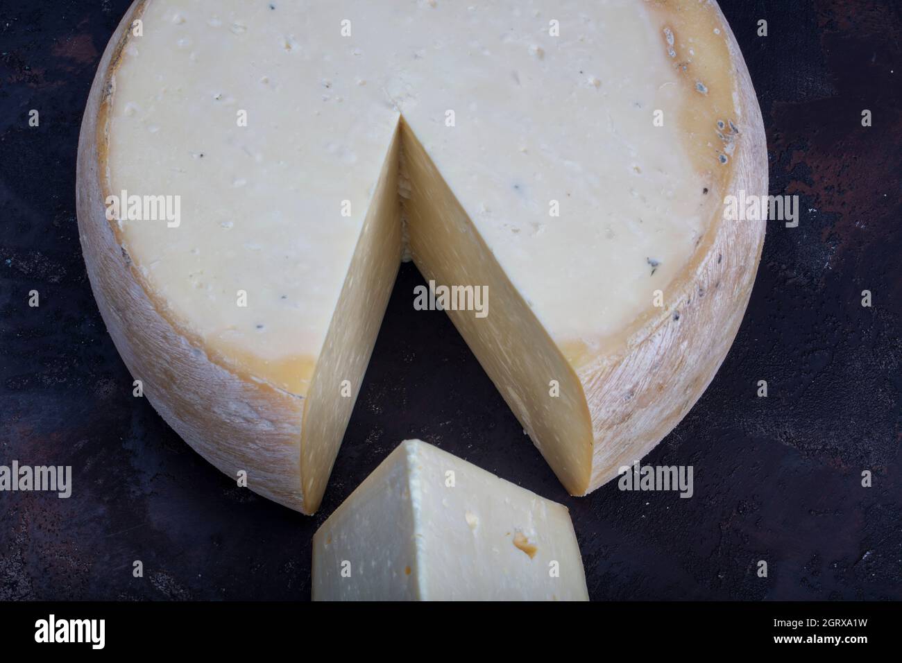 Old cheddar cheese. Wheel aged cheese. Aged cheddar cheese wheel on