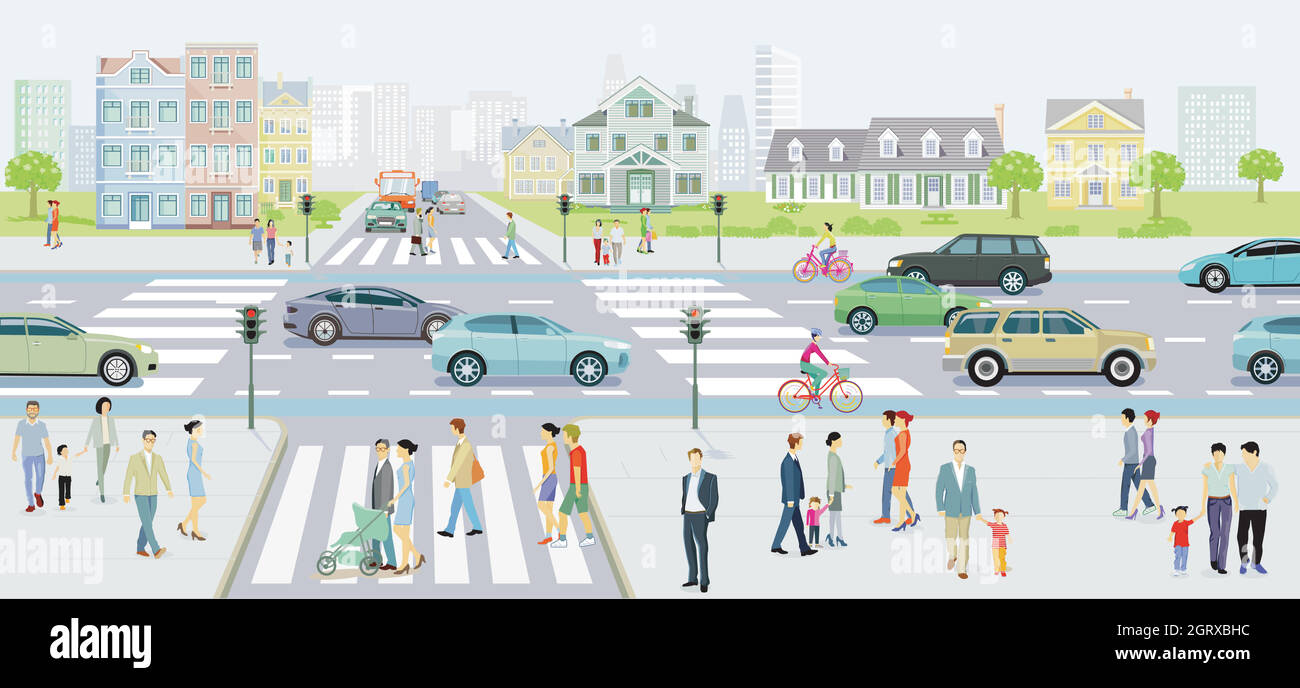 City silhouette with road traffic and pedestrians on the zebra crossing ...
