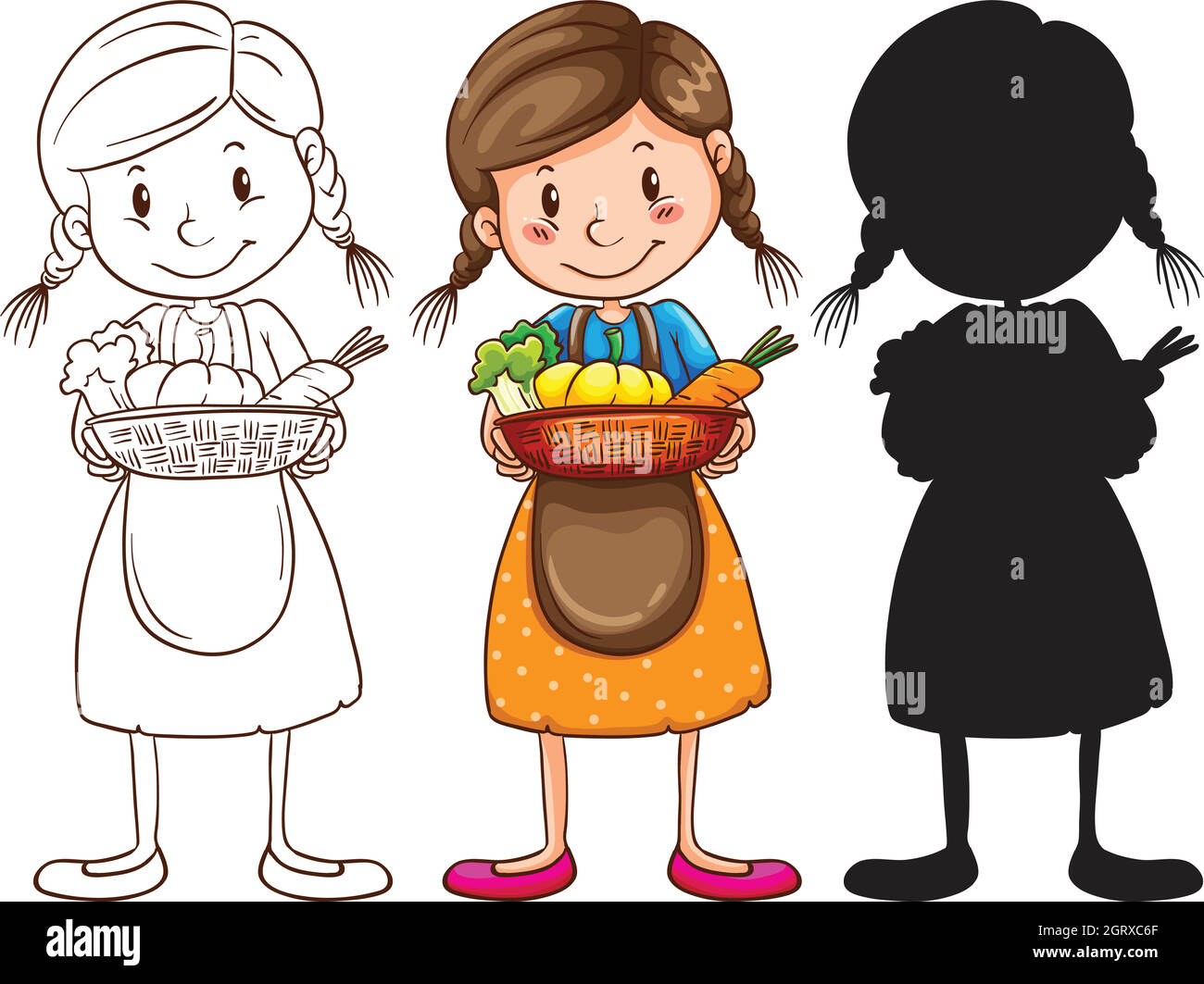 Sketches of a young girl with a basket of fruits Stock Vector