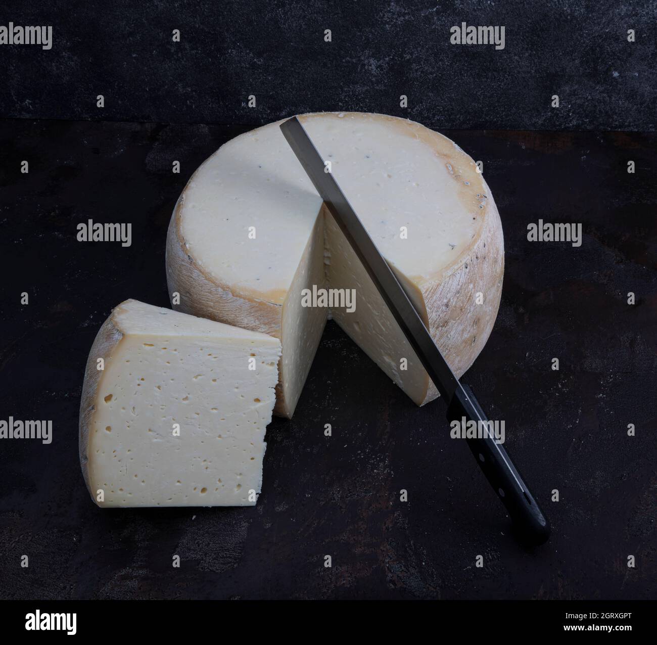 Old cheddar cheese. Wheel aged cheese. Aged cheddar cheese wheel on