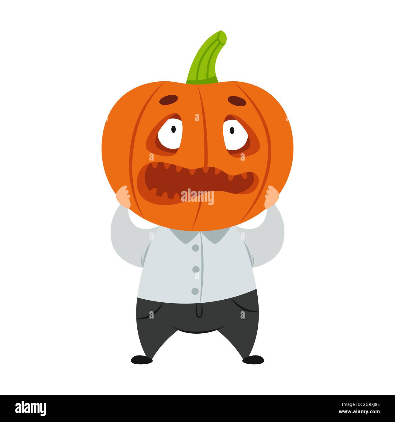 Funny Halloween pumpkin character. Festive costume for spooky party. Scared facial expression. Cool print with monster for children's school supplies, Stock Vector