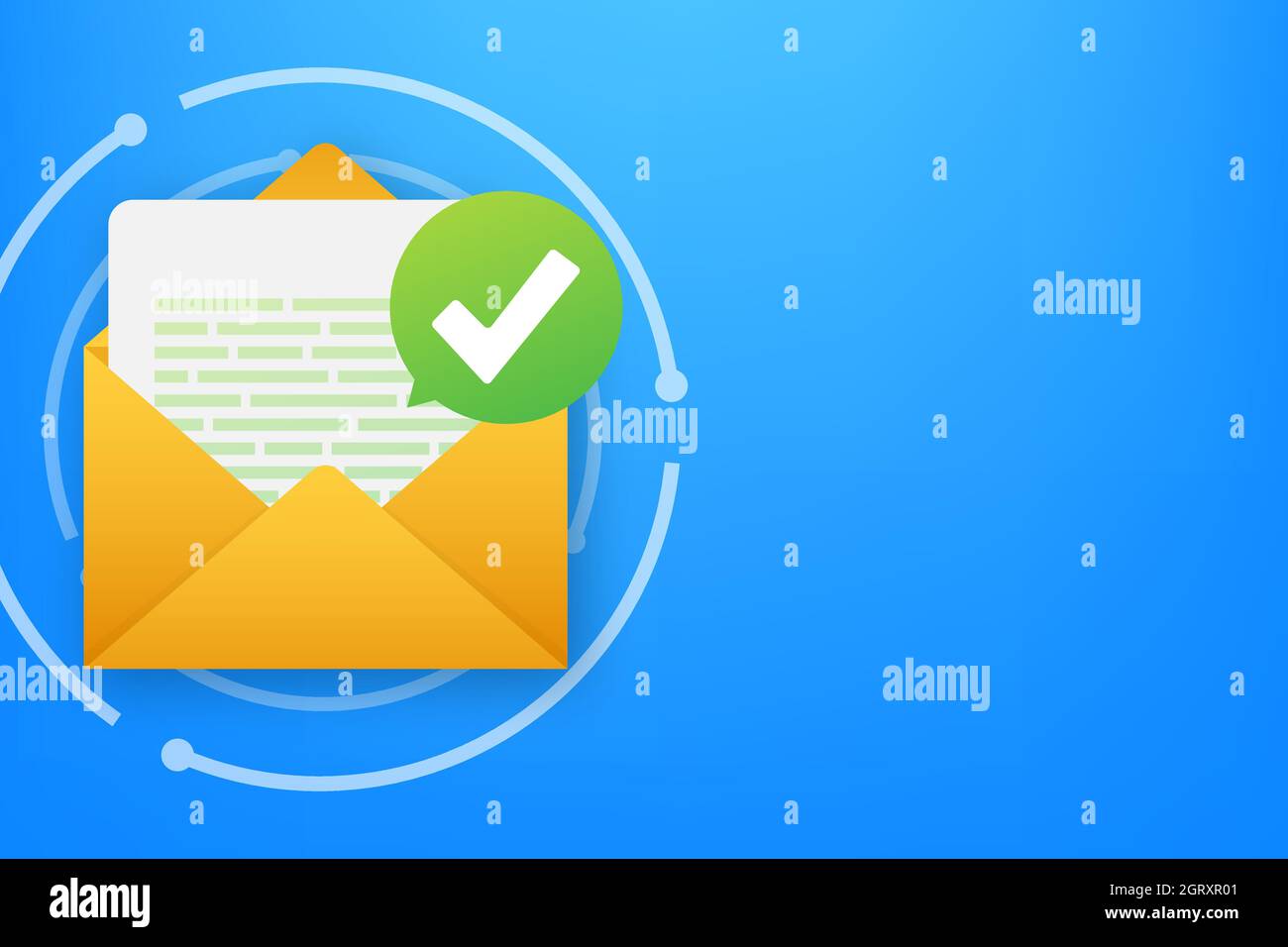 Opened envelope and document with green check mark. Verification email. Vector illustration. Stock Vector