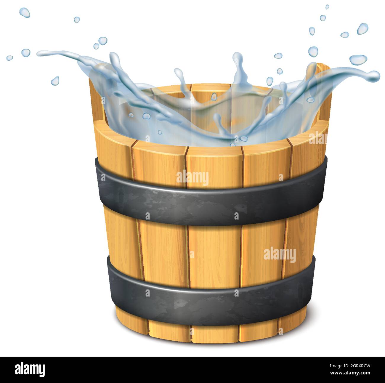 3d realistic vector icon. Water. Water splash. Wooden rustic bucket. isolated on white background. Stock Vector